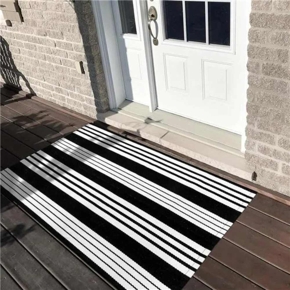 Black &White Outdoor Rug 3x5ft Cotton Hand-Woven Striped Porch Rugs Machine Wash
